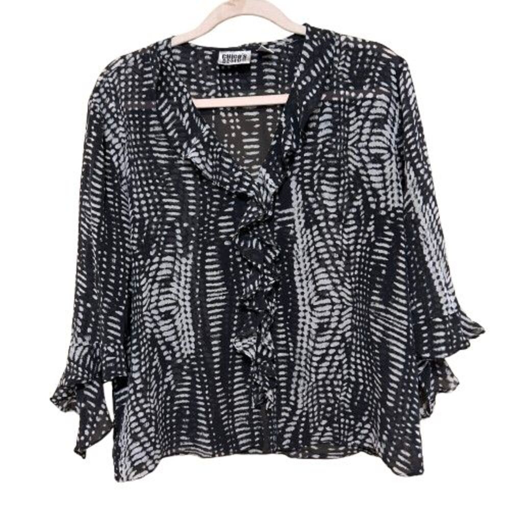 Chico's 100% Silk Blouse V Neck Ruffled Front 3/4 Bell Sleeve Womens 3 XL